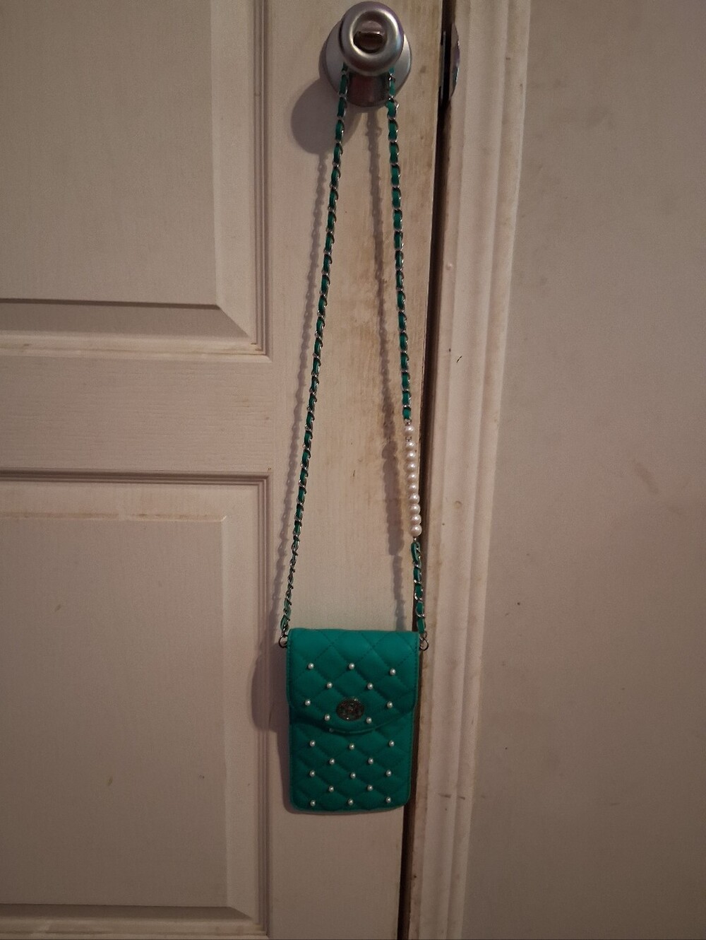 Badgley Quilted Teal Crossbody Phone Bag with Pearl Accents